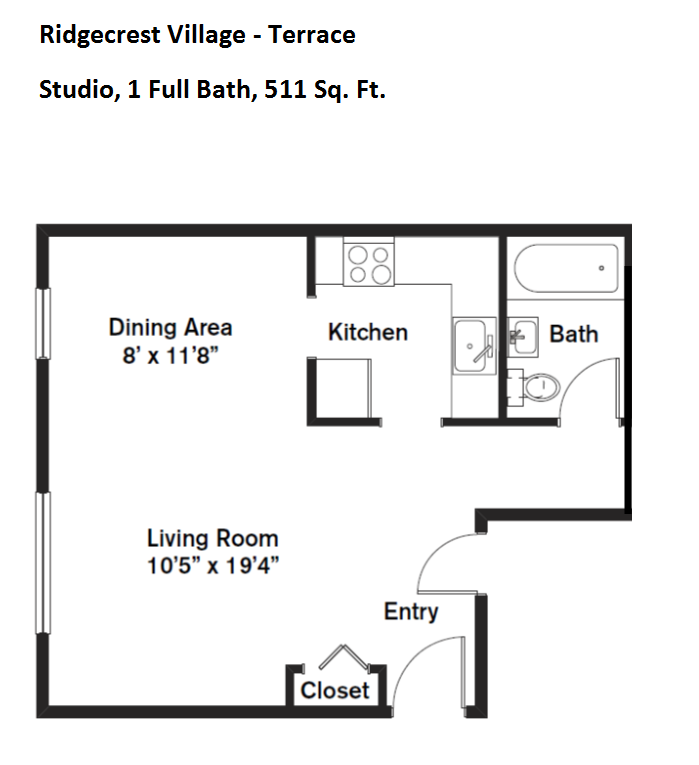Floor plan for studio, 1 bath, 511 sqft